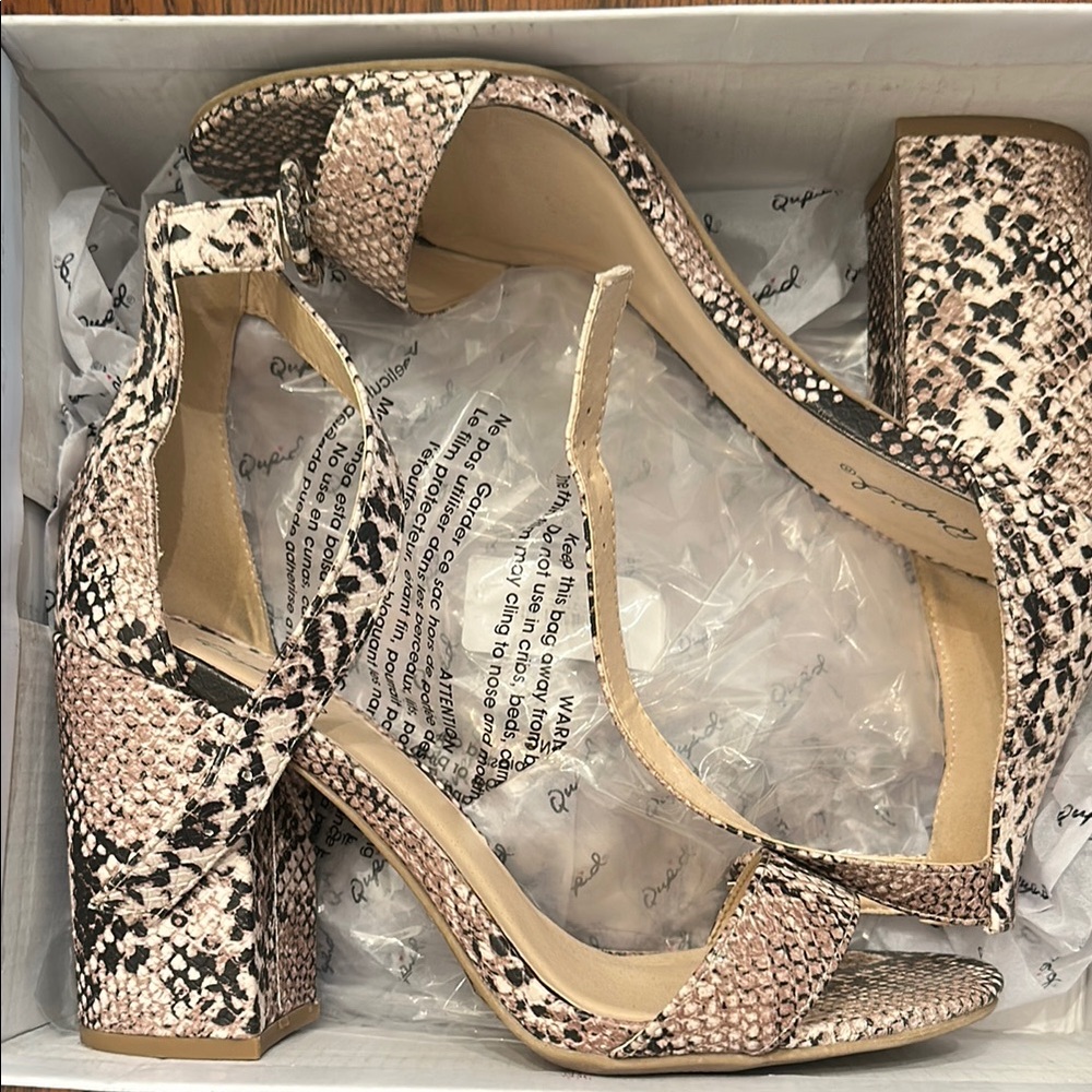 Qupid Black and Tan Heels with Snake Print